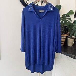 Chico's Travelers Top Sz 3/XL Blue V-Neck Embellished 3/4‎ Sleeve Stretch Tunic